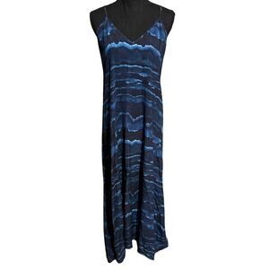 Cinnamon 100% Silk Blue Stripe Racer Back Maxi Dress Women's M Medium